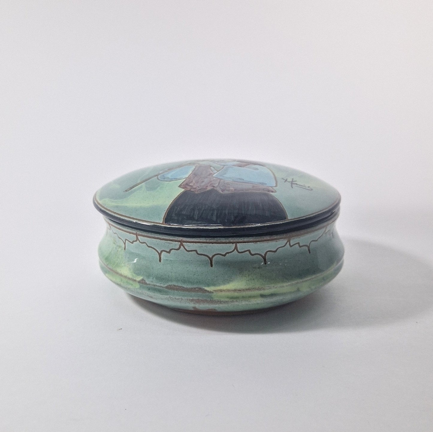 Vintage Italian Ceramic Jewellery Box with Lid, Hand-Painted. Pottery Signed. c 1985-90