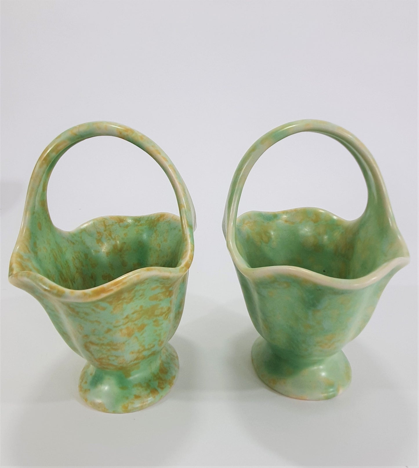 Vintage Wade Heath Posy Baskets: Green Flaxman Pottery Pair, c1939