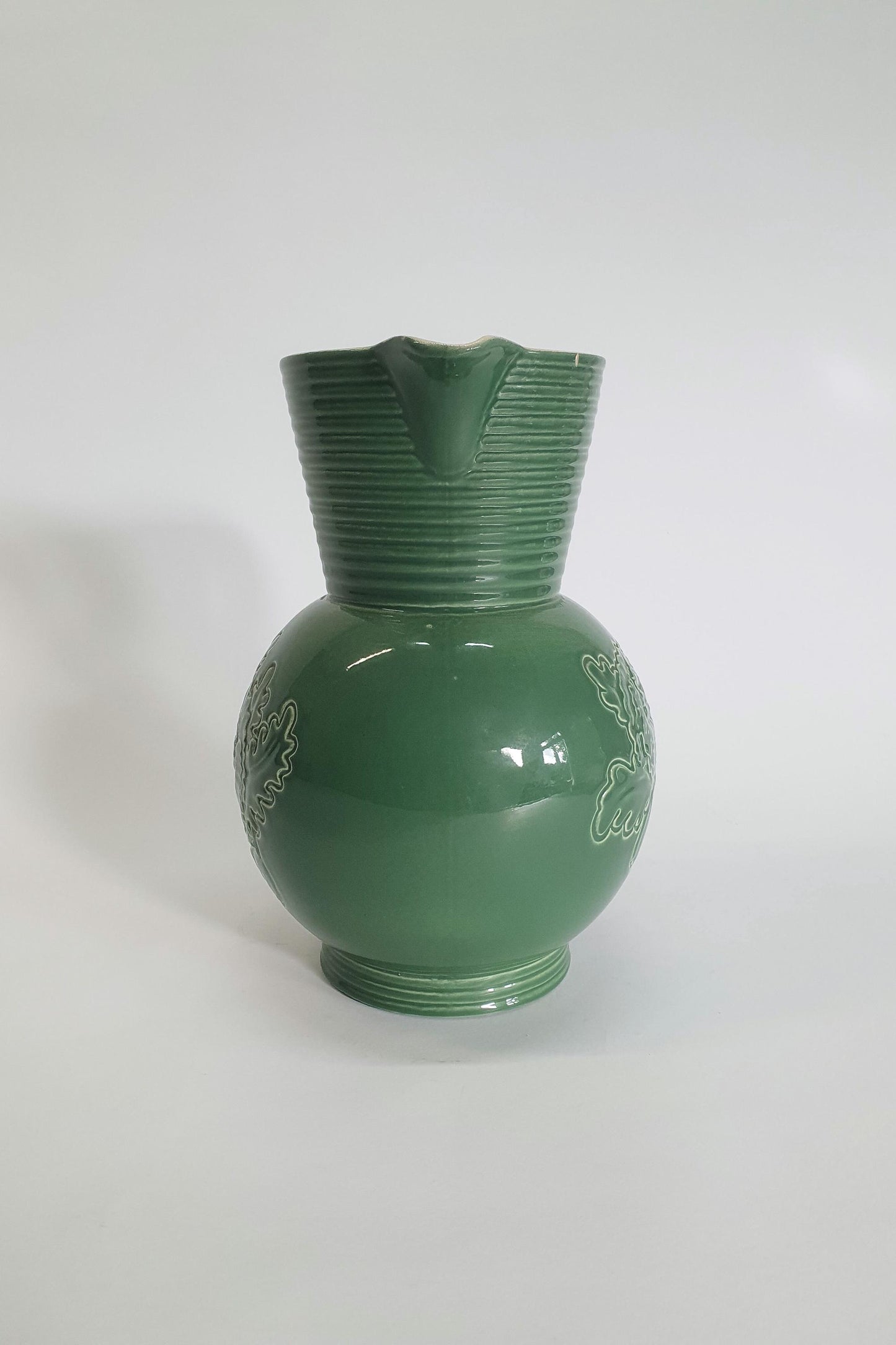 Art Deco Jade Green Water Jug: Brentleigh Ware Embossed Pansy Vase