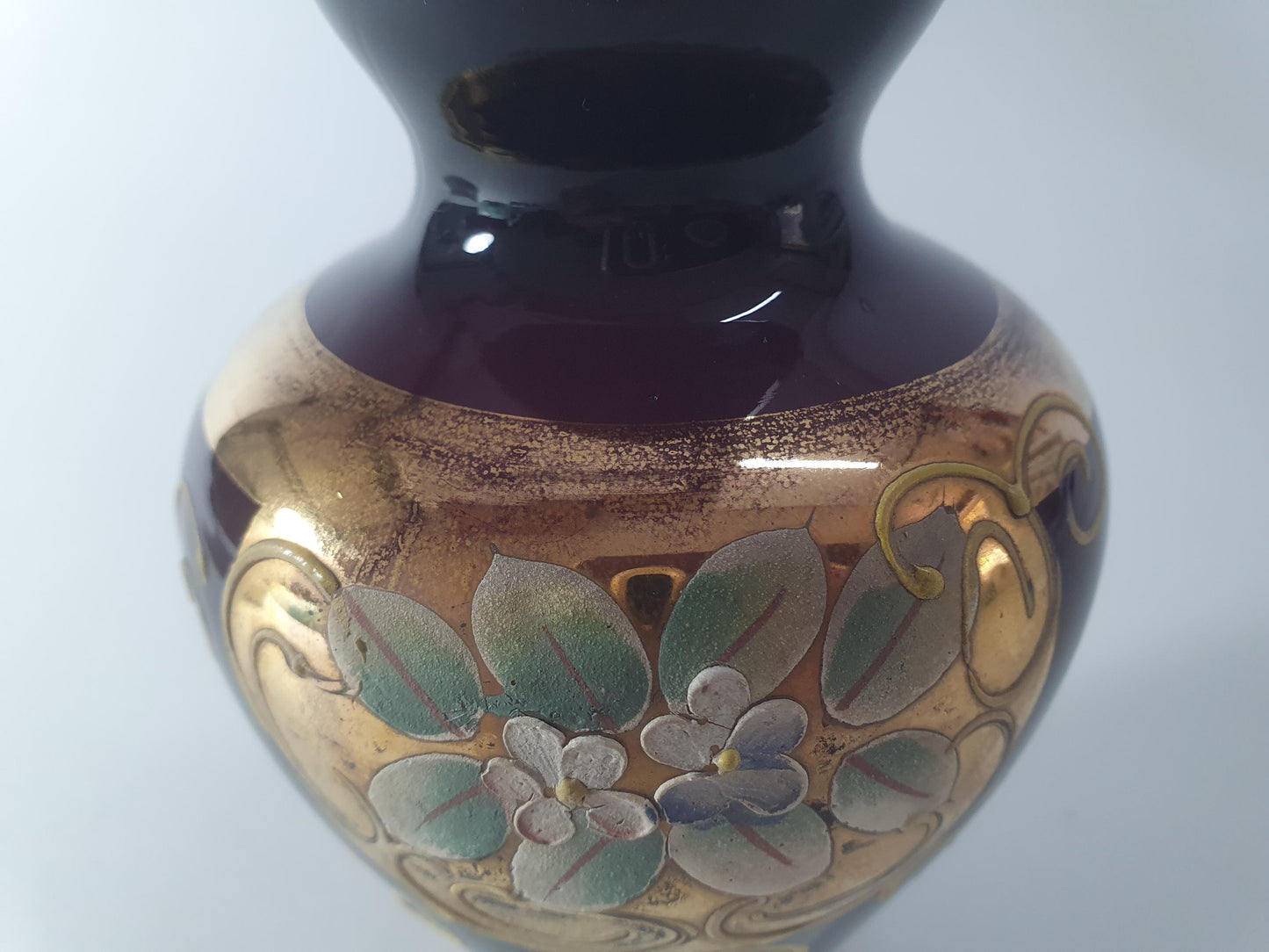 Vintage Bohemian Amethyst Glass Posy Vase with Gold Gilt and Enamelled Flowers. Mid Century