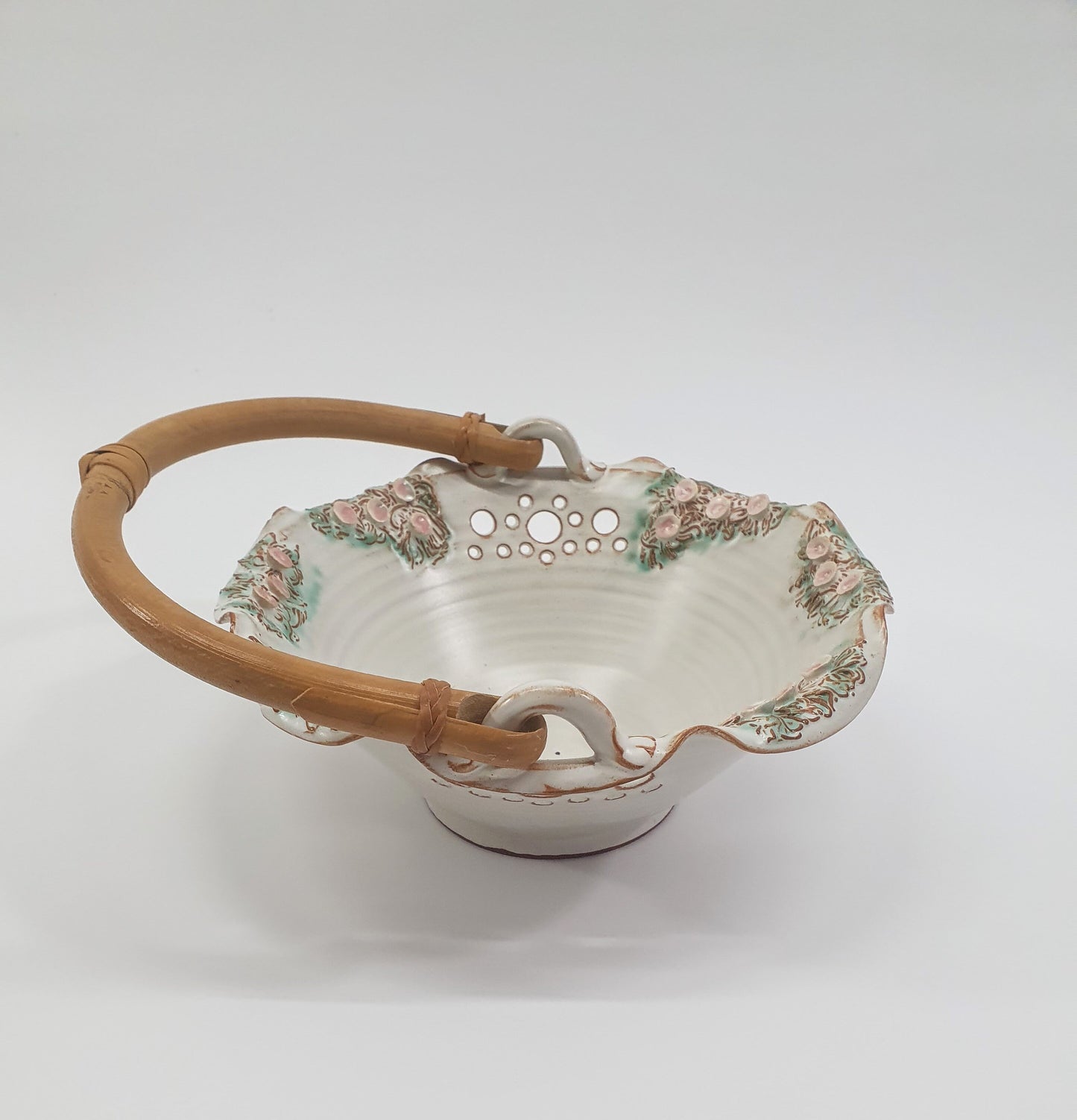 Vintage Kegworth Pottery Basket: Linda Smith Floral Bowl with Cane Handle