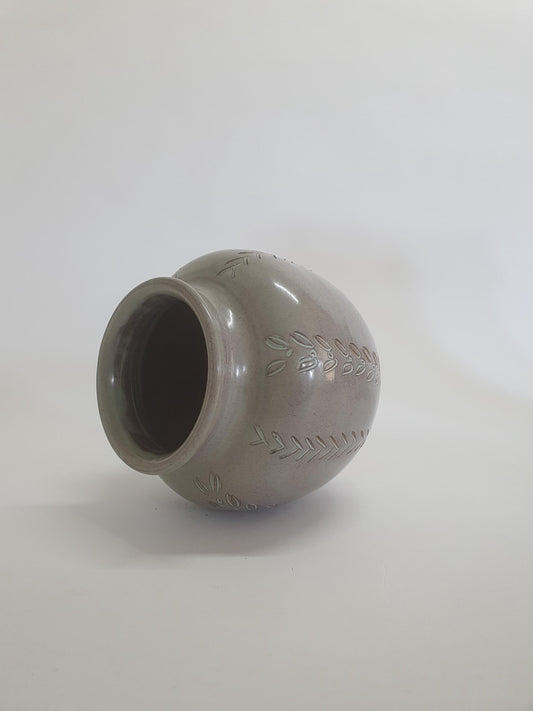Vintage Round Vase with Leaves and Criss-cross Cut-outs, speckled beige glaze. c1970s