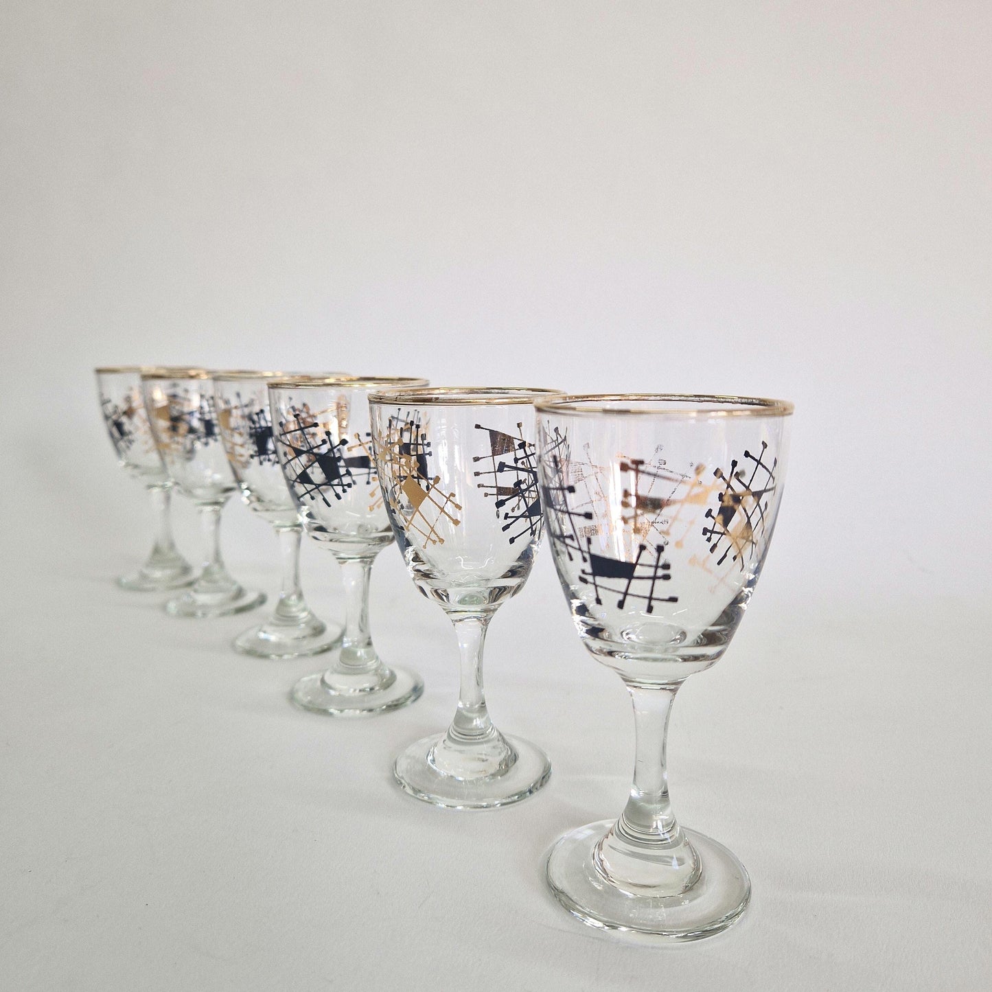 Vintage Set of 6, Atomic Gold and Black Wine Glasses. c1950-60s