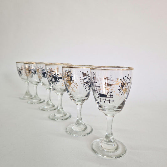 Vintage Set of 6, Atomic Gold and Black Wine Glasses. c1950-60s