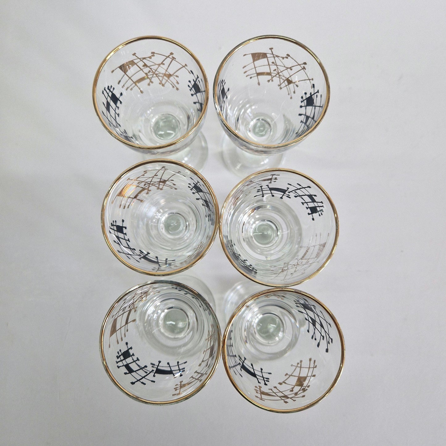 Vintage Set of 6, Atomic Gold and Black Wine Glasses. c1950-60s