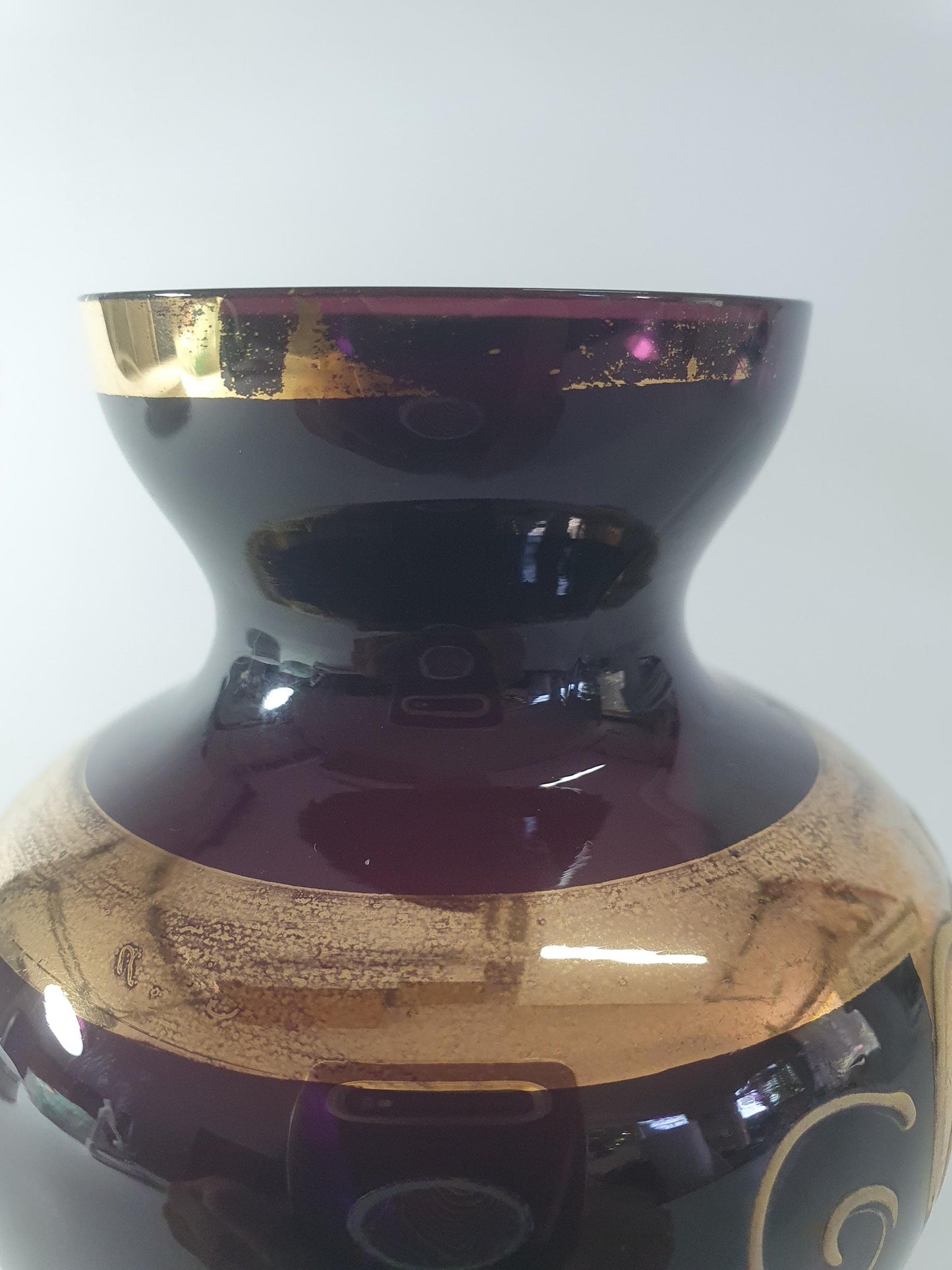 Vintage Bohemian Amethyst Glass Posy Vase with Gold Gilt and Enamelled Flowers. Mid Century