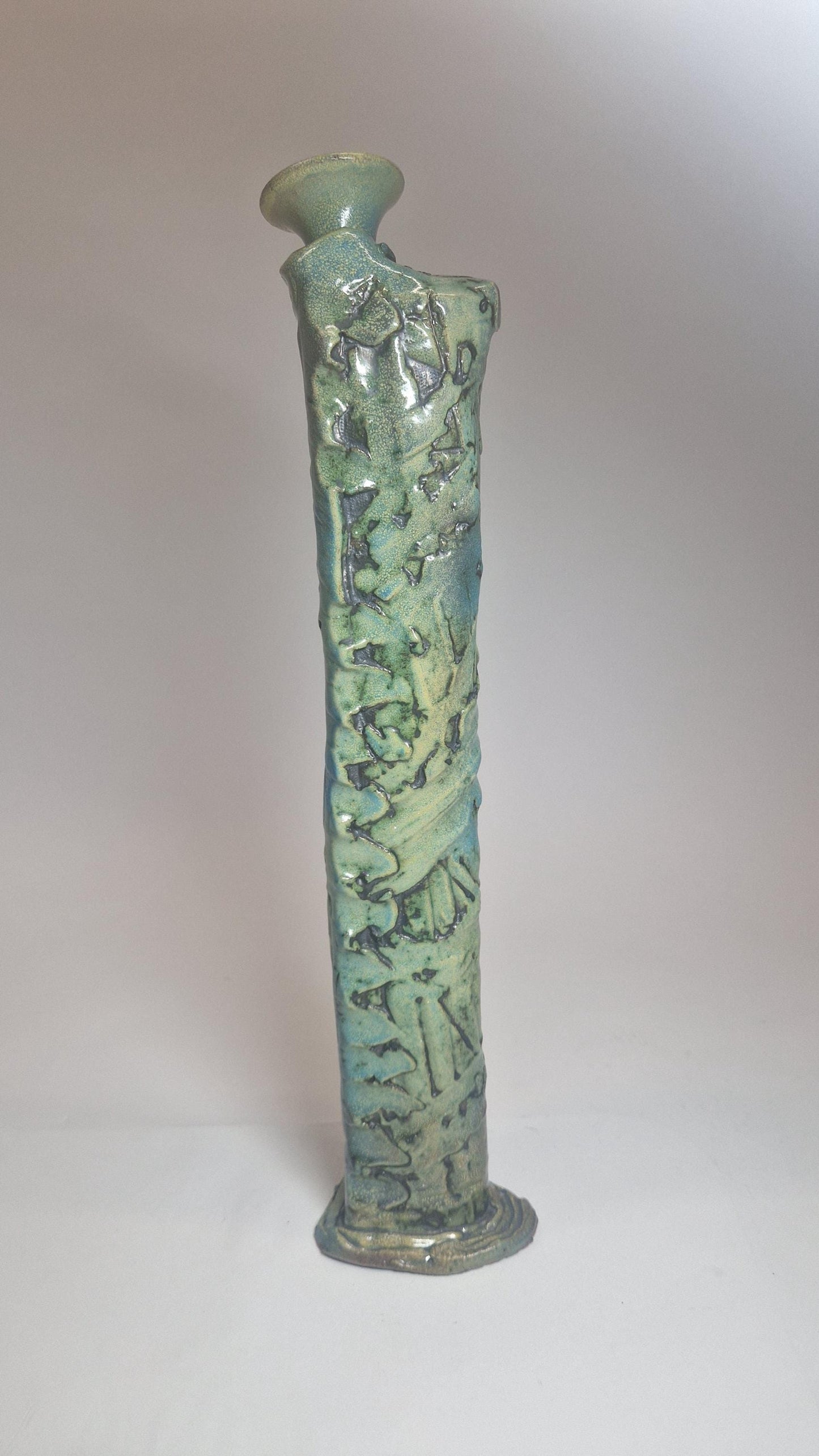 Handcrafted Brutalist Art Vase: Turquoise & Brown Earthenware