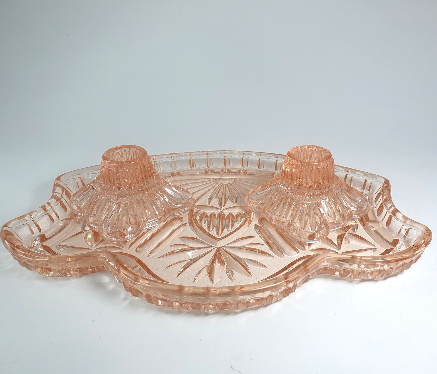 Art Deco Pink Depression Glass Dressing Table Set, Tray and Candle Stick Holders. Vanity Tray Set. Boudoir Set. c1930-40.  Mother's Day gift