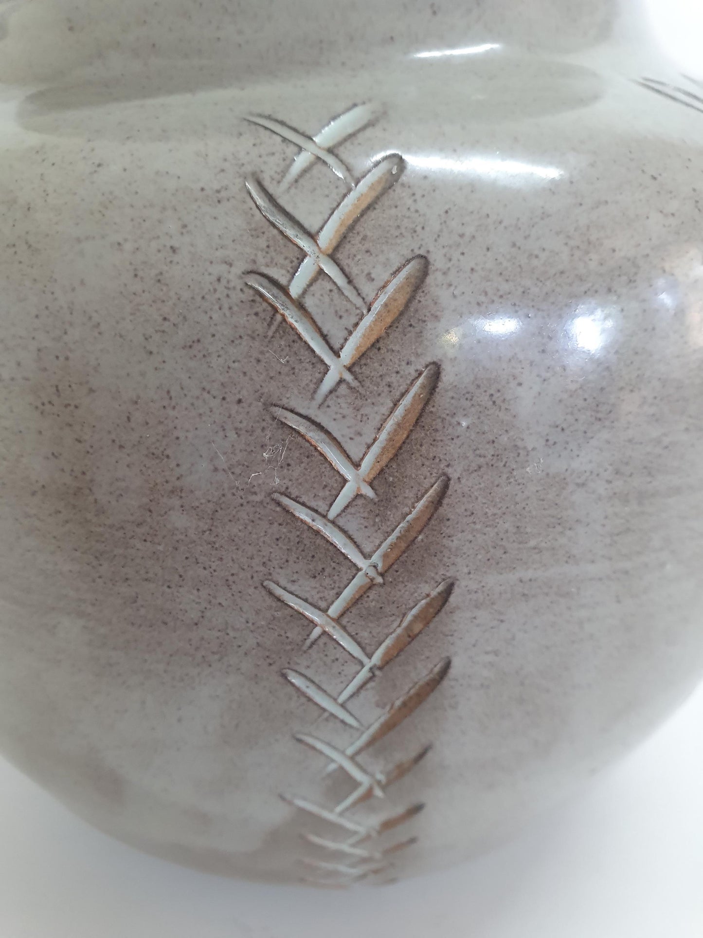 Vintage Round Vase with Leaves and Criss-cross Cut-outs, speckled beige glaze. c1970s