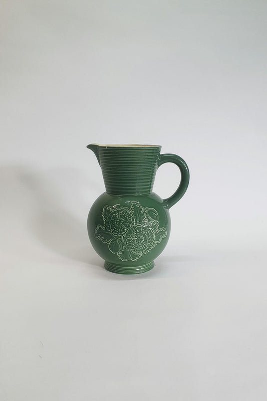 Art Deco Jade Green Water Jug: Brentleigh Ware Embossed Pansy Vase
