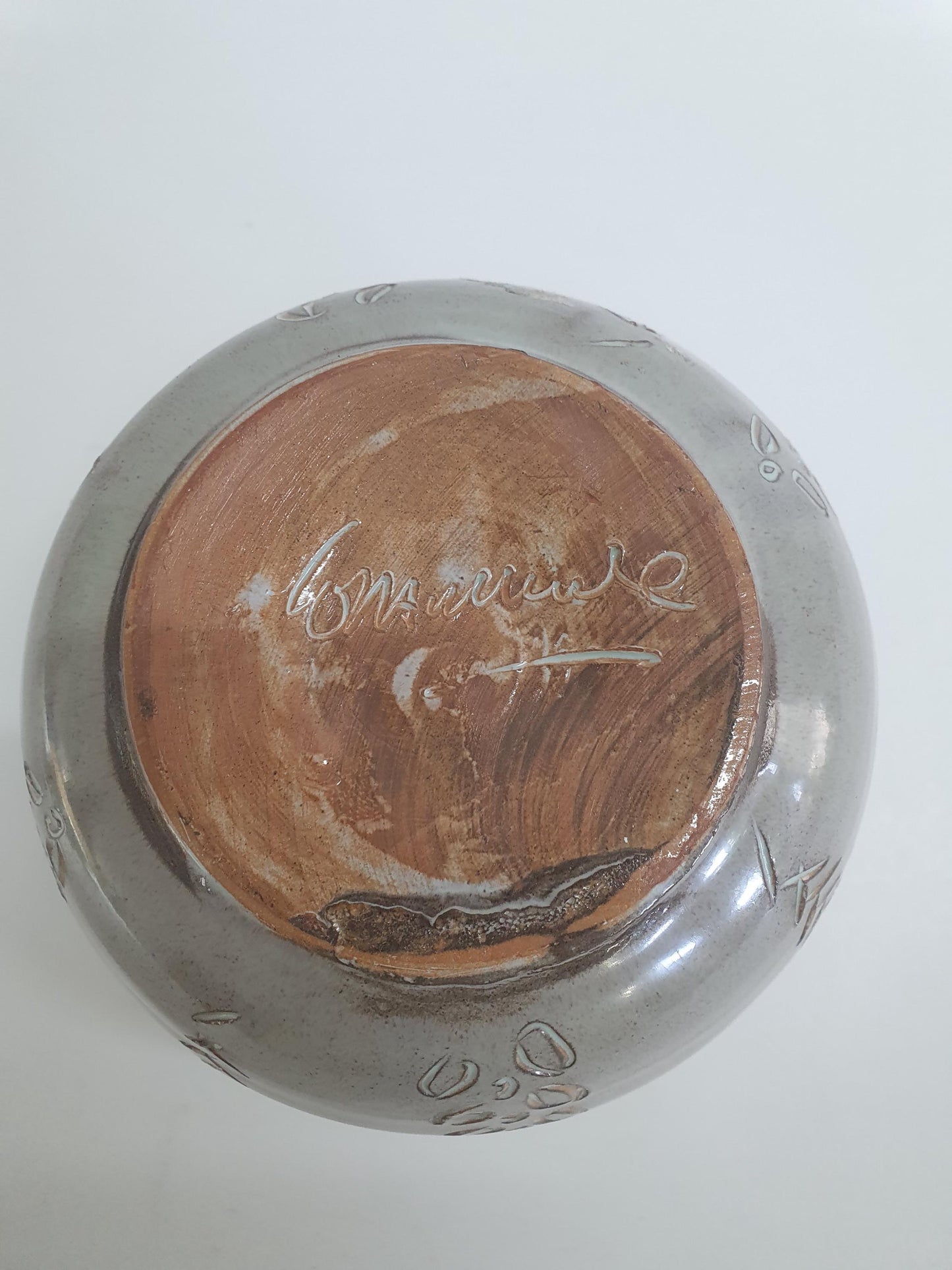Vintage Round Vase with Leaves and Criss-cross Cut-outs, speckled beige glaze. c1970s
