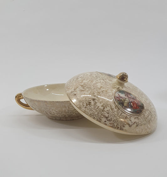 Vintage Empire Ware Chintz Bowl with Lid: Gold Floral Design, c1940-50s