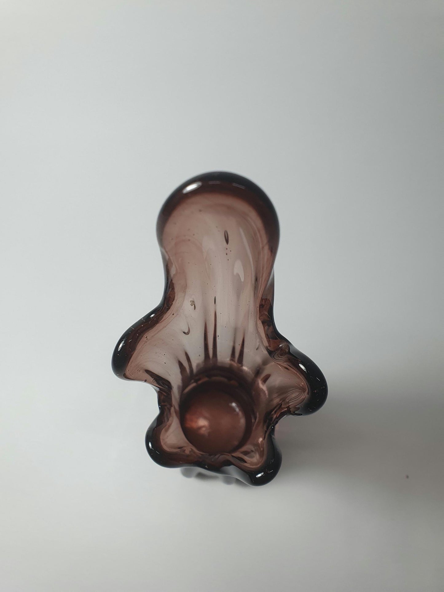 Mid Century Smoky Amber Glass Vase: 5 Finger Swung Posy, 1970s