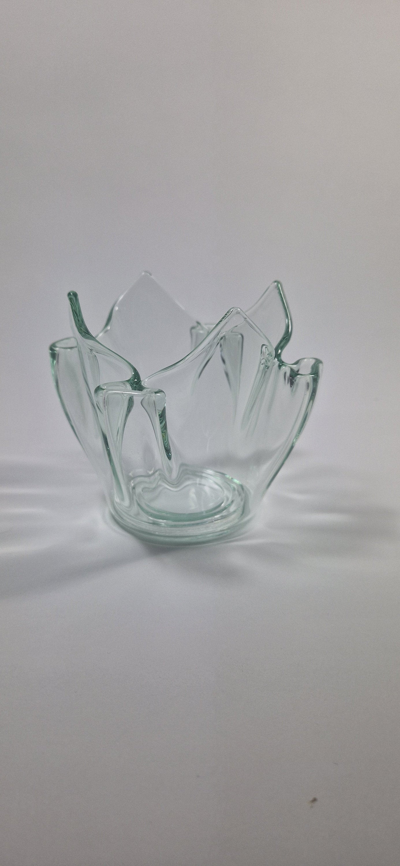 Green Tinted Art Glass Posy Vase: Bud Pockets, Votive Candle Holder, c1970s