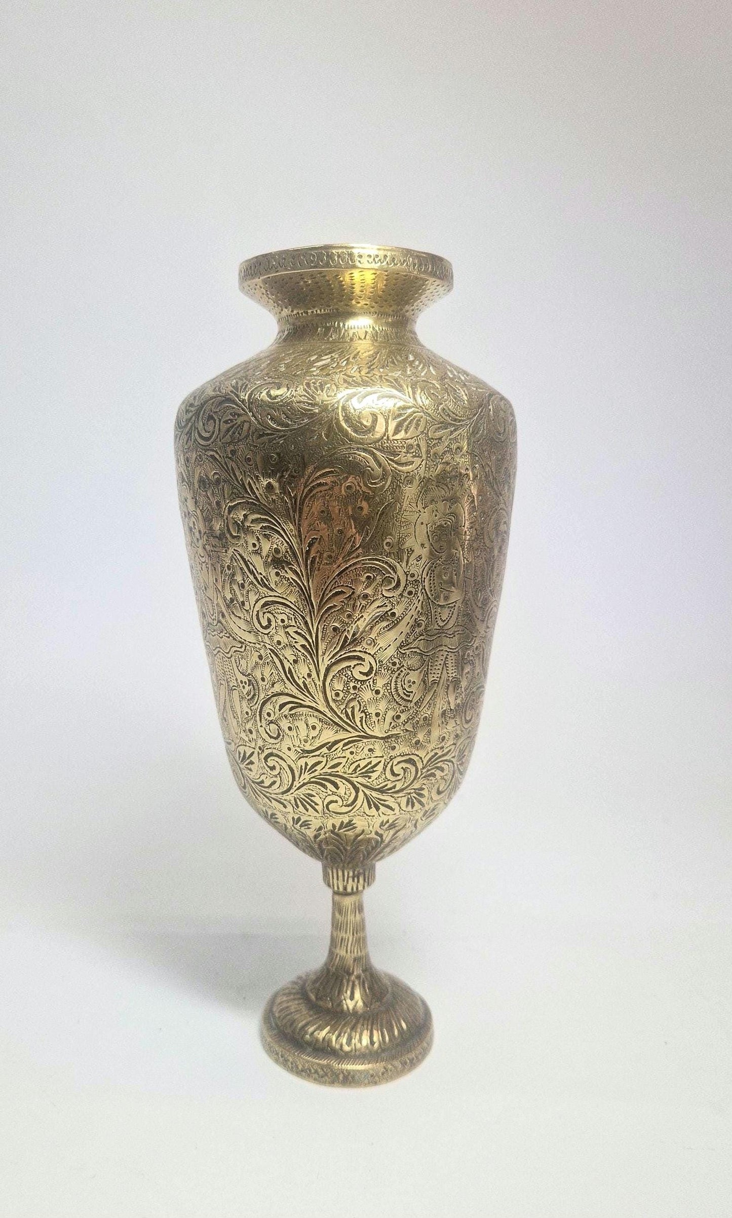 Antique Brass Urn, Heavily Engraved, Indian Deity Playing Pipe.