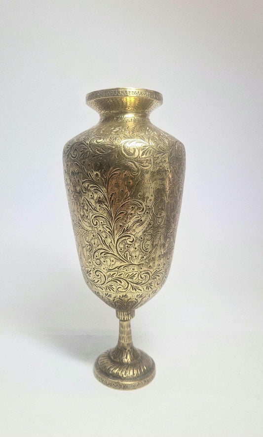 Antique Brass Urn, Heavily Engraved, Indian Deity Playing Pipe.