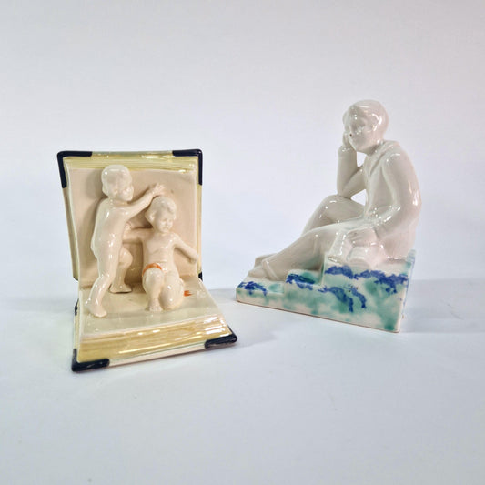 1930s Ornaments.  Jugendstil Children Bookend and German Thinking Man Bookend. Collectibles.  Ideal Stage props.