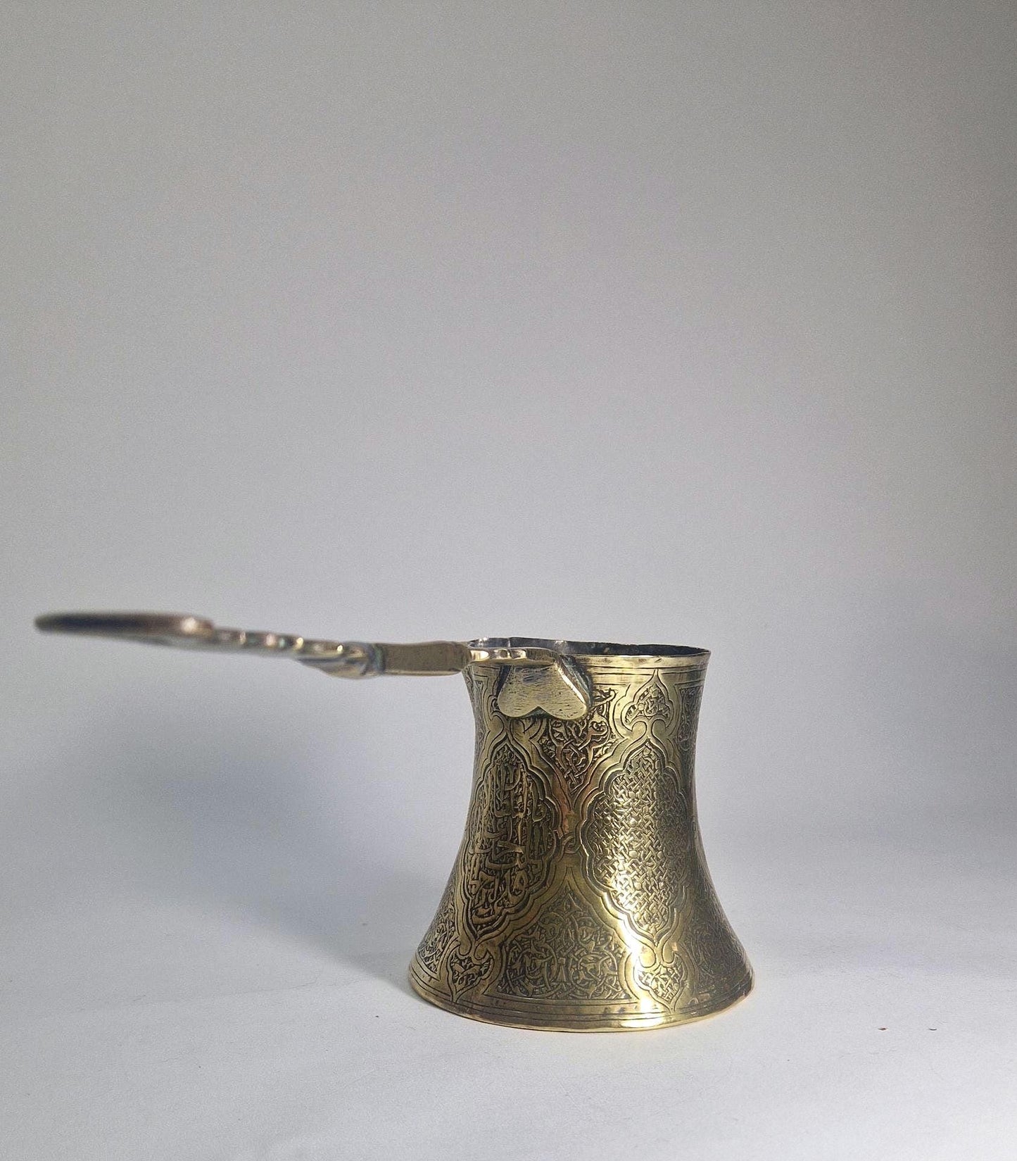 Vintage Turkish Brass Coffee Pot, Highly Ornate with Long Handle. Brass (21) anniversary wedding gift.