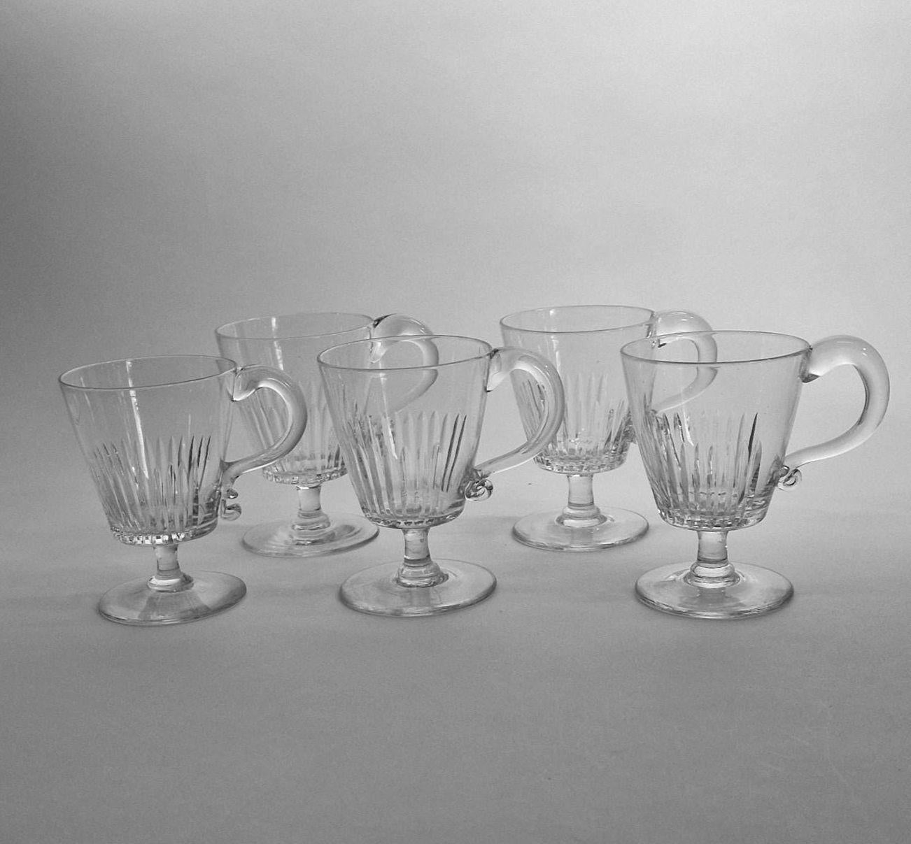 Victorian Blaze Cut Crystal Glass Custard Cups with Handles. Set of 5