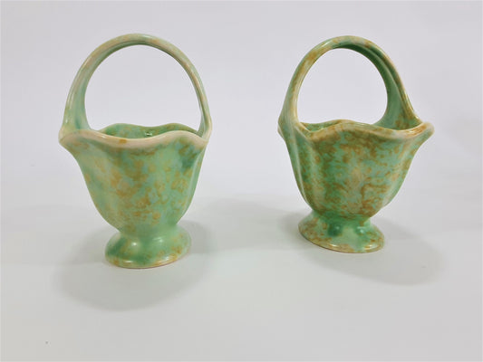 Vintage Wade Heath Posy Baskets: Green Flaxman Pottery Pair, c1939