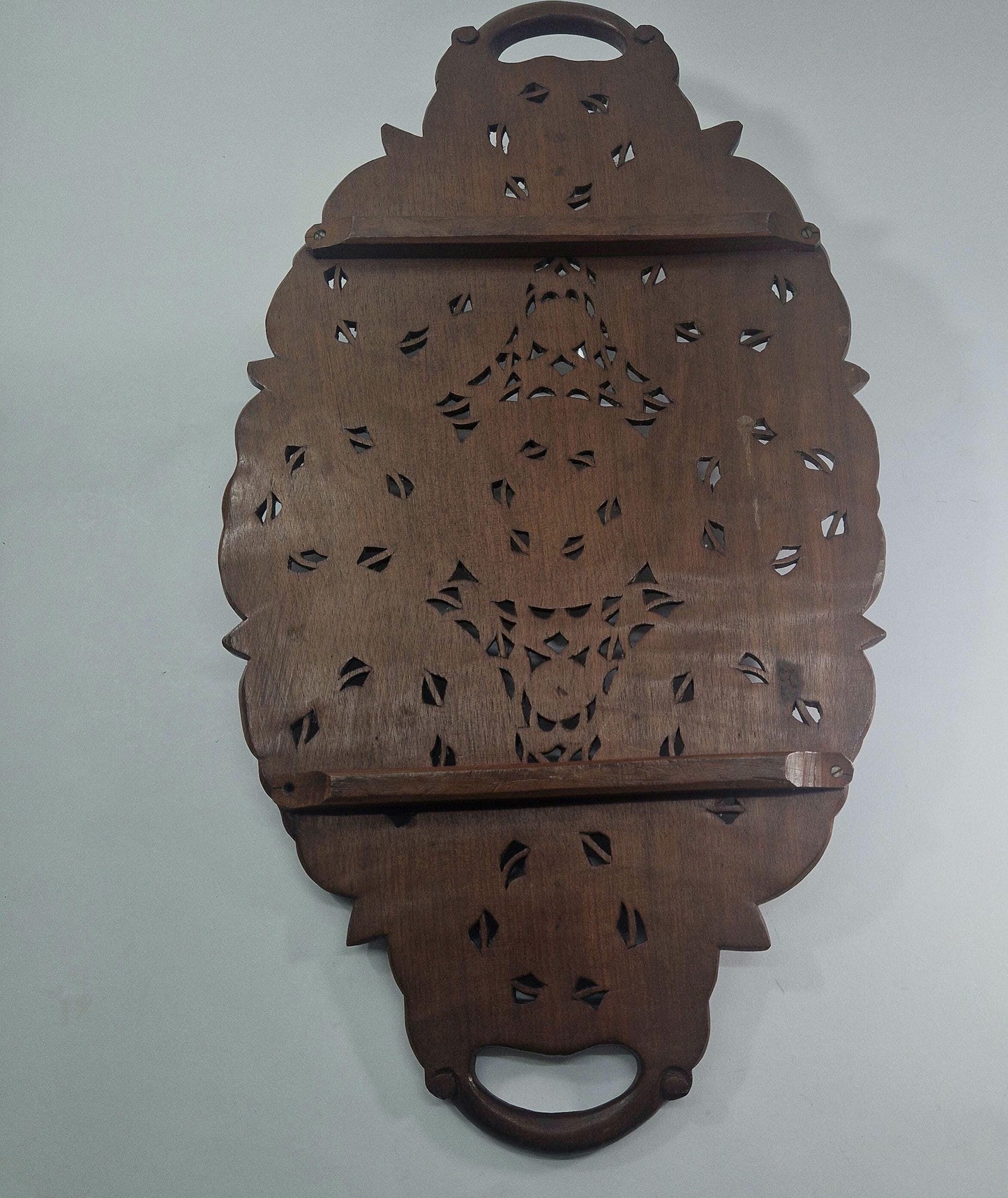 Vintage Carved Teak Wood Cup Tray: Indian British Raj Design