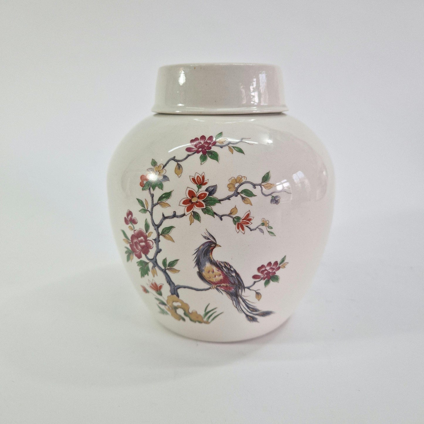 Large Vintage Ginger Jar with Bird of Paradise on Blossom Branch. Burleigh Ironstone. c1940