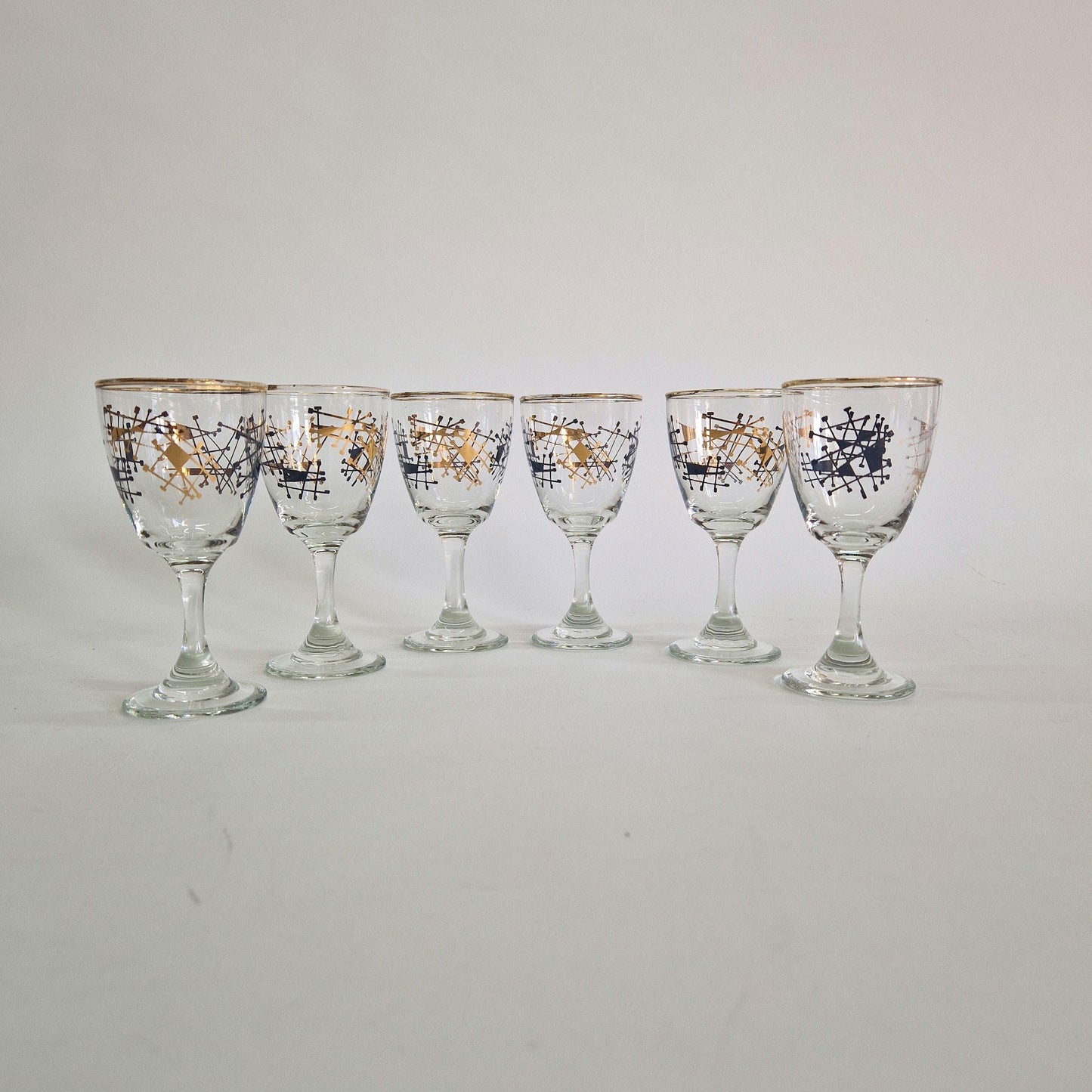Vintage Set of 6, Atomic Gold and Black Wine Glasses. c1950-60s