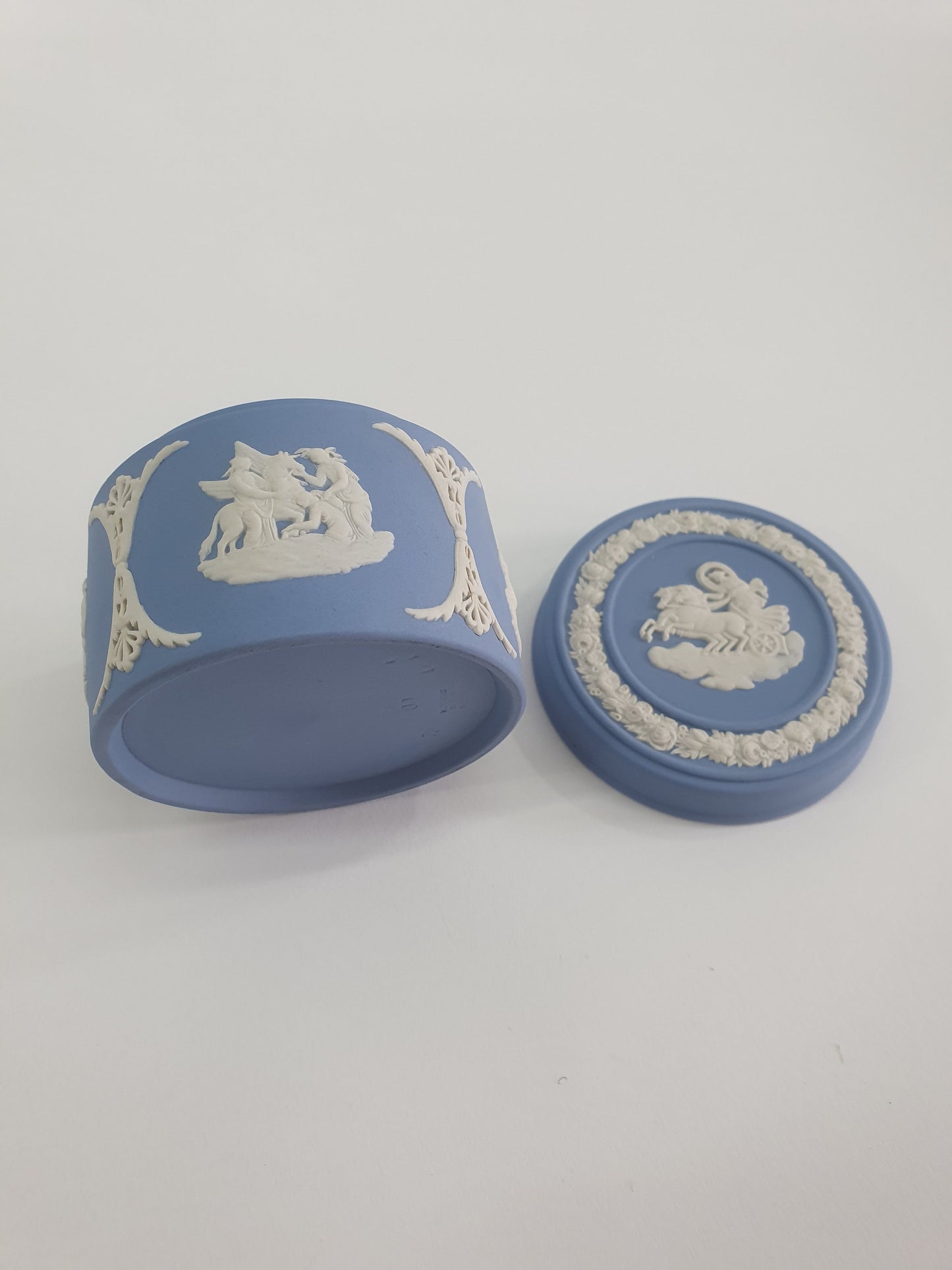 Vintage Wedgwood Blue, Jasperware Trinket Box, Aurora and Chariot.  c1973