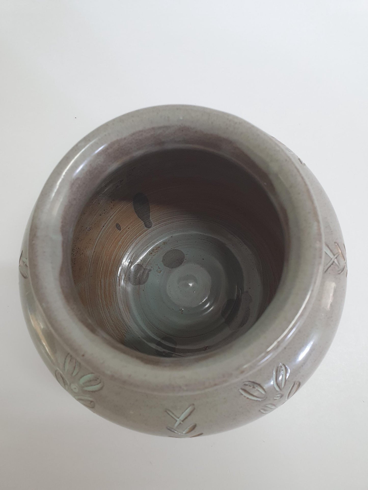 Vintage Round Vase with Leaves and Criss-cross Cut-outs, speckled beige glaze. c1970s