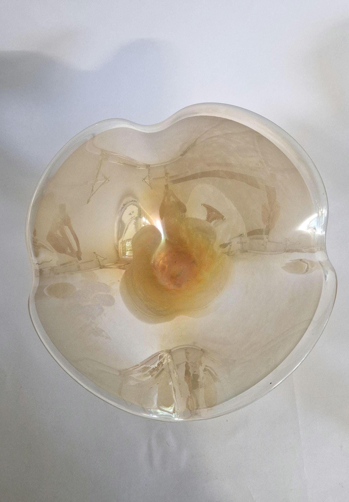 Vintage Wavy Pearlescent Glass Bowl, attributed to Tomarro, Murano Glass.