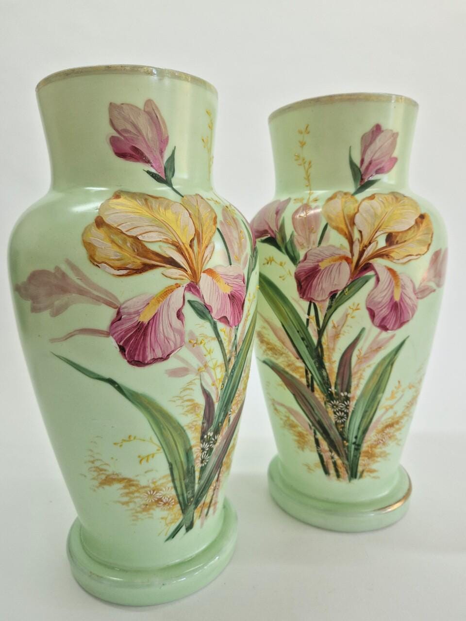 Victorian Opaline Glass Vases: Hand-Painted Floral Decor, 1800s