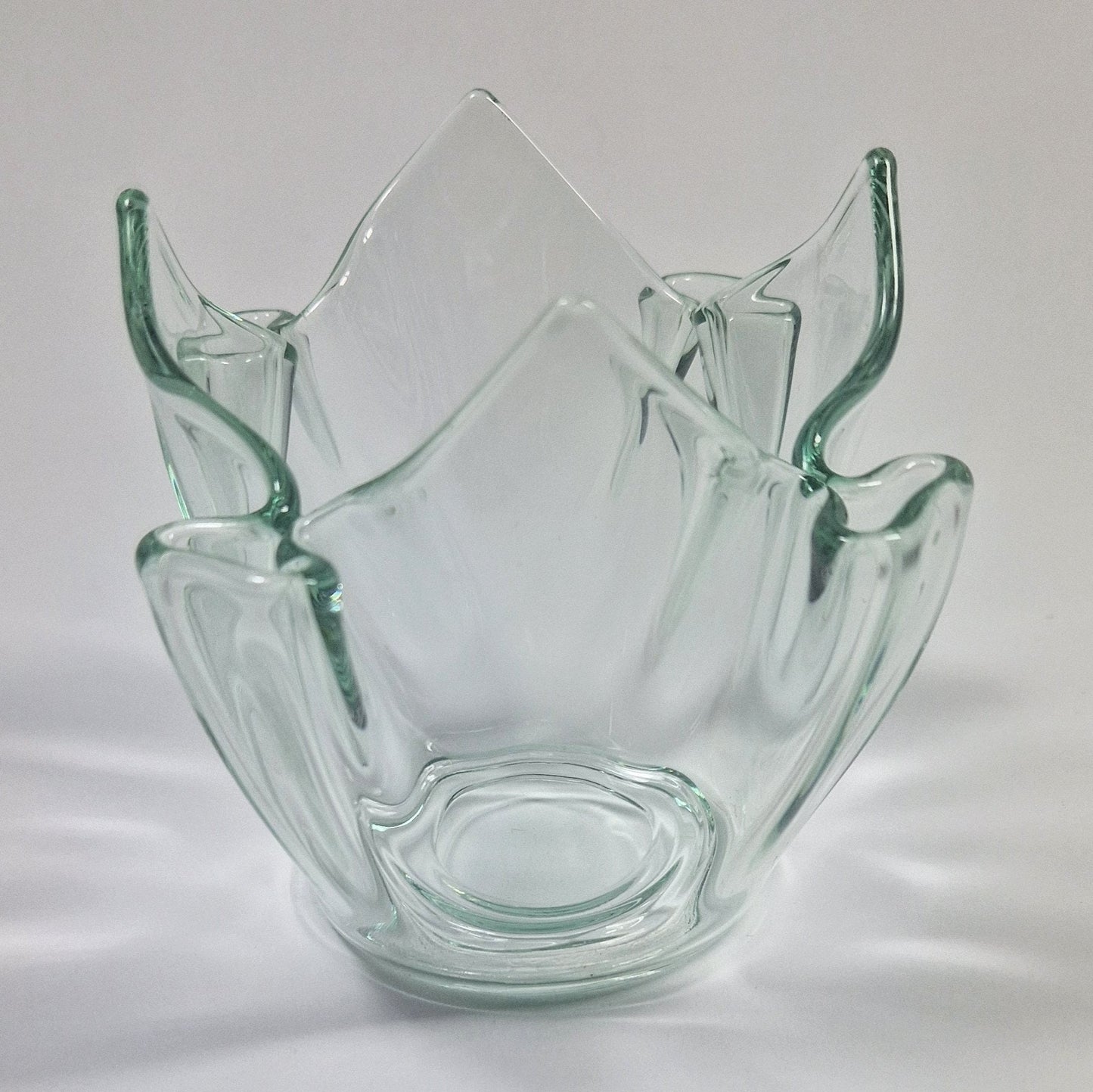 Green Tinted Art Glass Posy Vase: Bud Pockets, Votive Candle Holder, c1970s