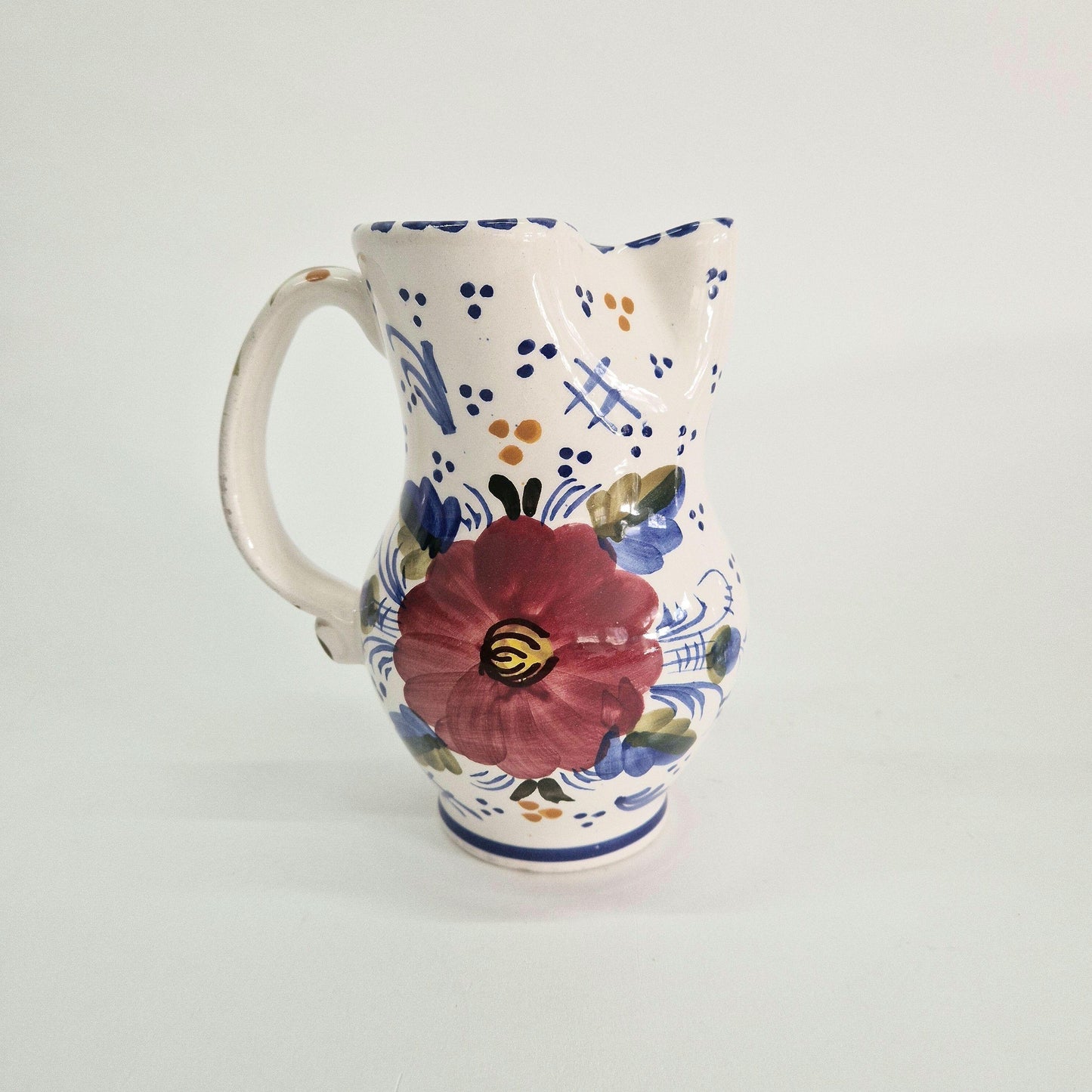 Vintage Benjamin Catalan Milk Jug with Pinched Spout, Hand-painted Flowers and Patterns. c1970s