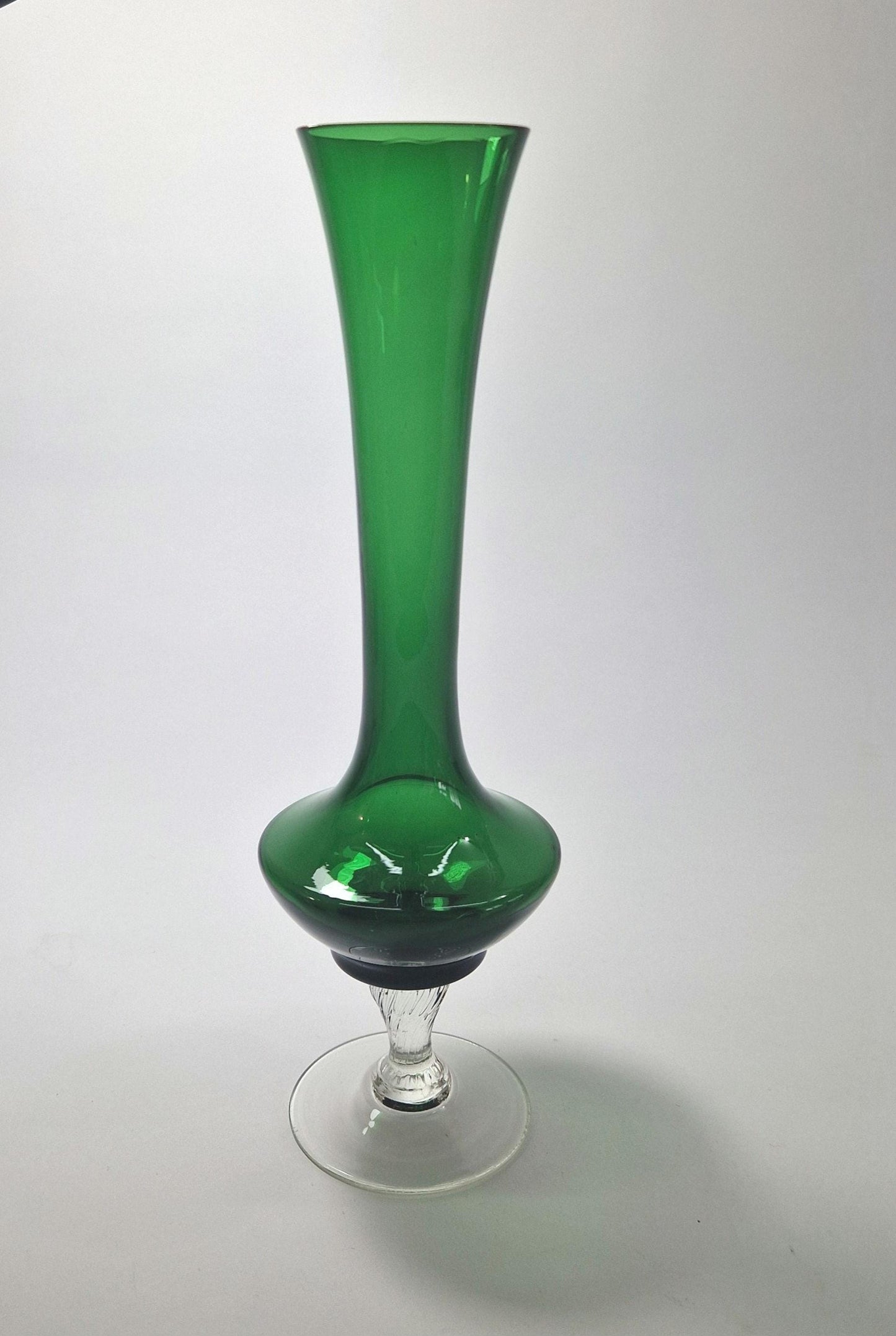1960s Green Glass Fluted Vase with Clear Spiral Stem and Base. Mid Century Modern.
