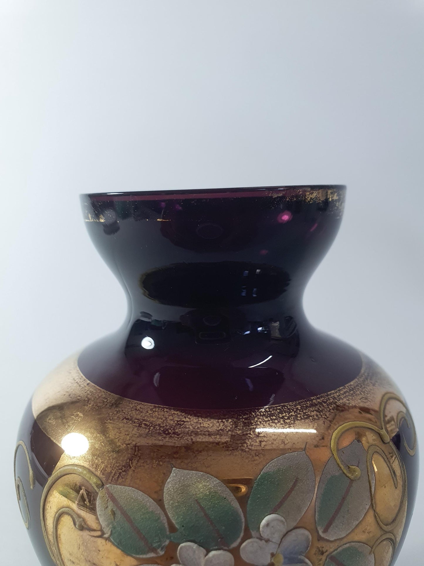 Vintage Bohemian Amethyst Glass Posy Vase with Gold Gilt and Enamelled Flowers. Mid Century