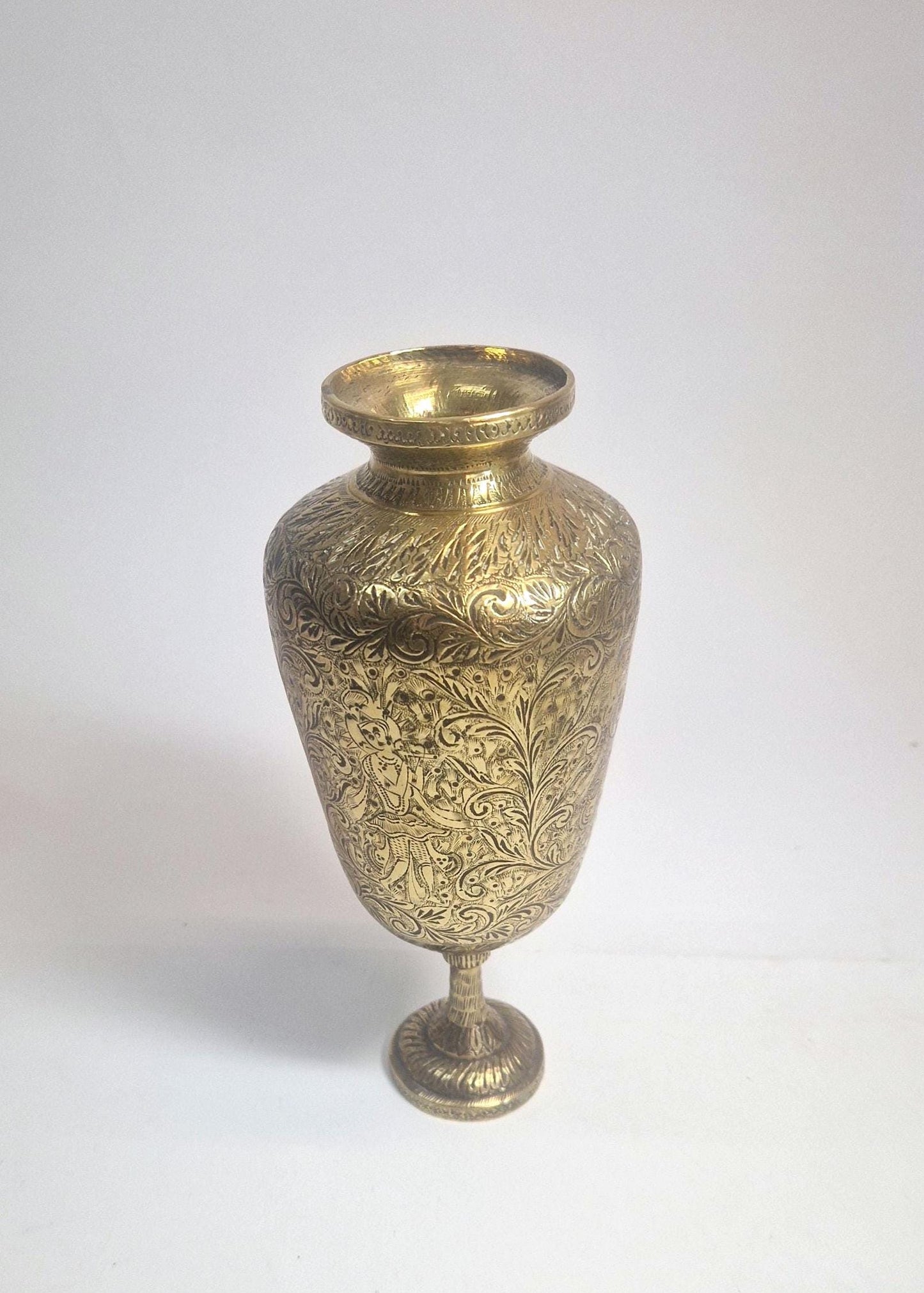 Antique Brass Urn, Heavily Engraved, Indian Deity Playing Pipe.