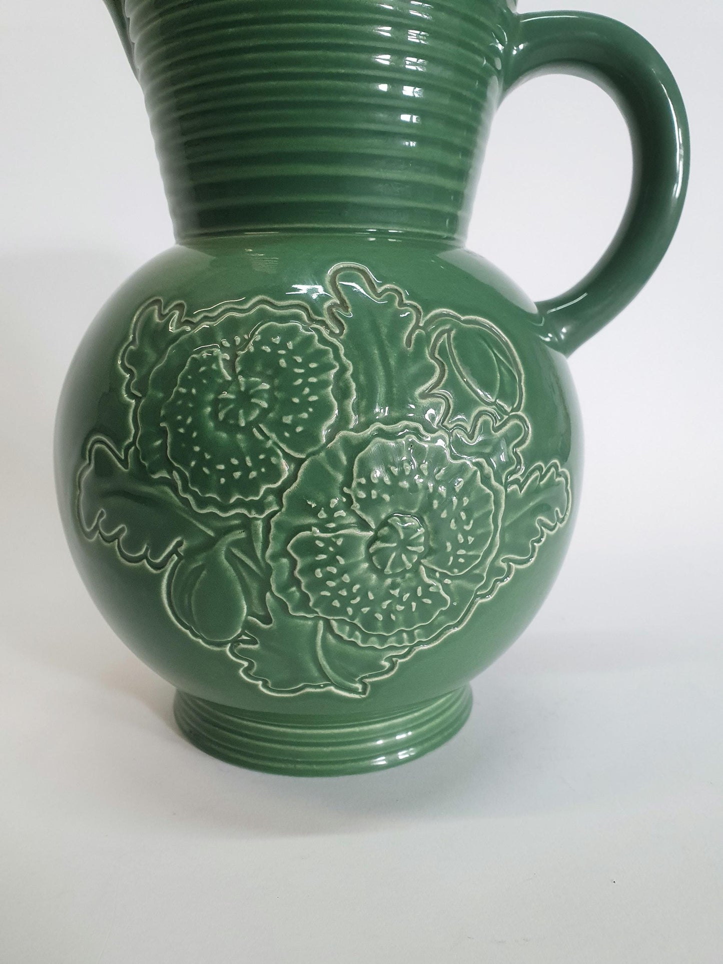 Art Deco Jade Green Water Jug: Brentleigh Ware Embossed Pansy Vase