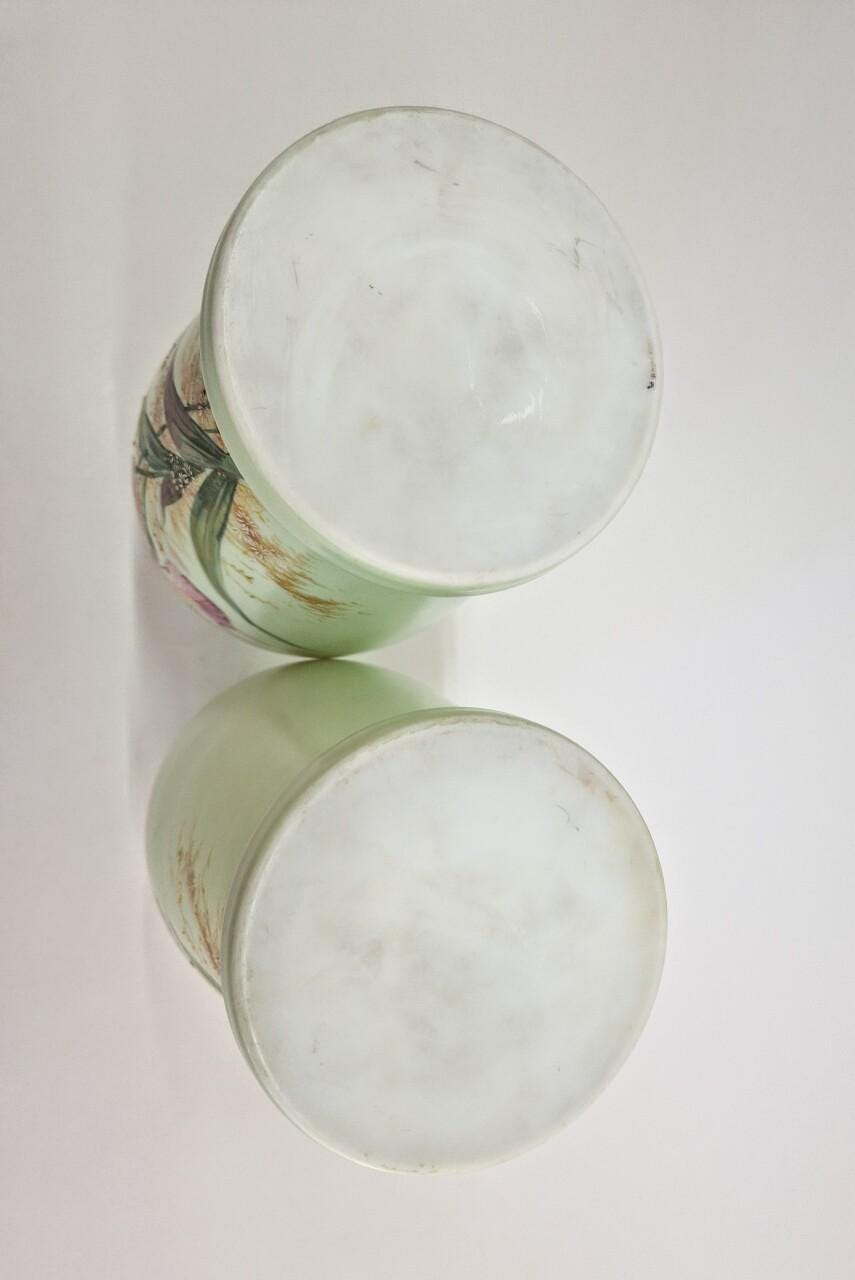 Victorian Opaline Glass Vases: Hand-Painted Floral Decor, 1800s