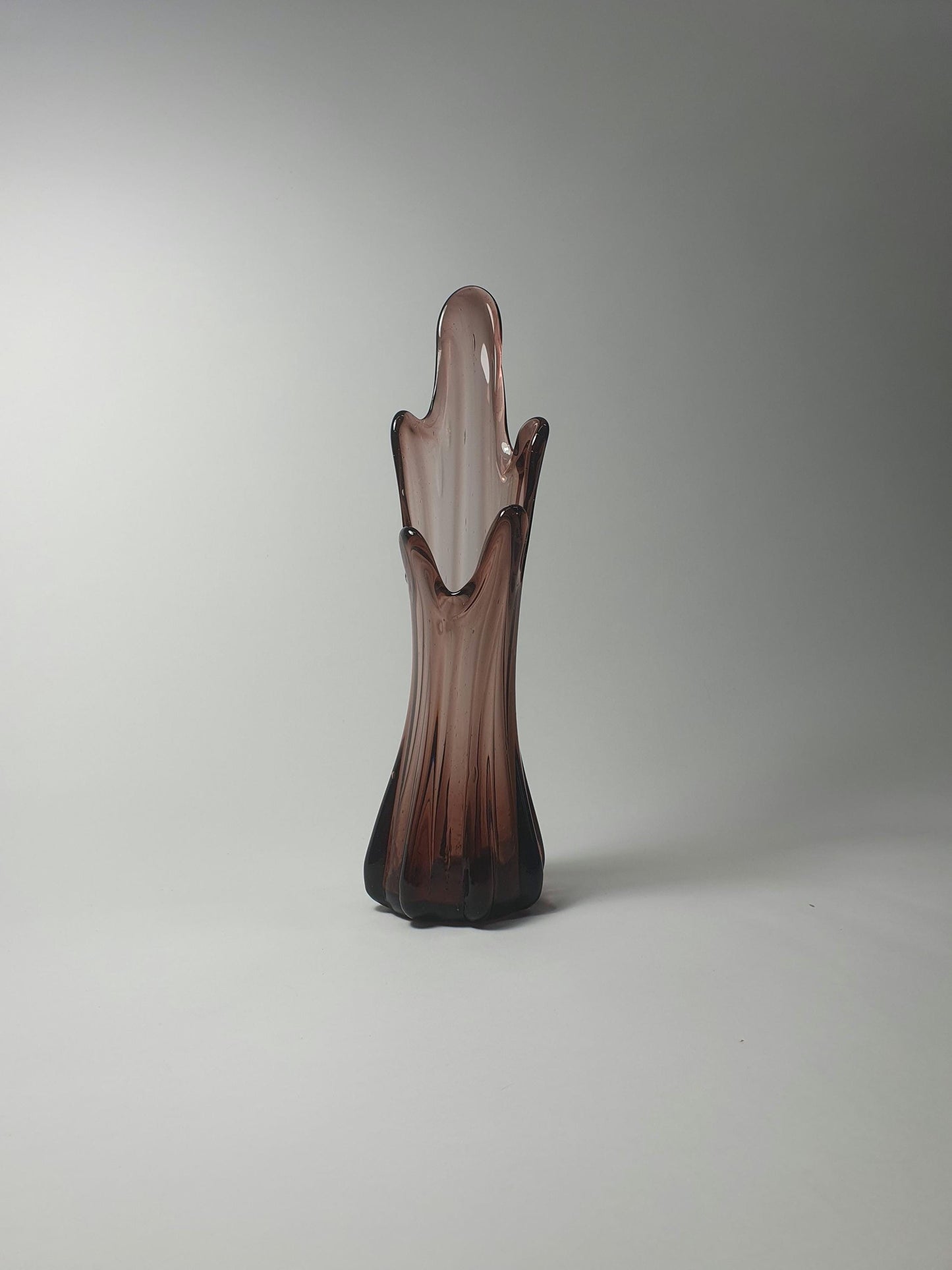 Mid Century Smoky Amber Glass Vase: 5 Finger Swung Posy, 1970s