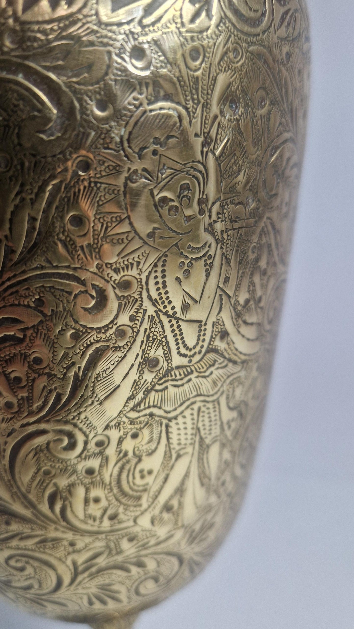 Antique Brass Urn, Heavily Engraved, Indian Deity Playing Pipe.