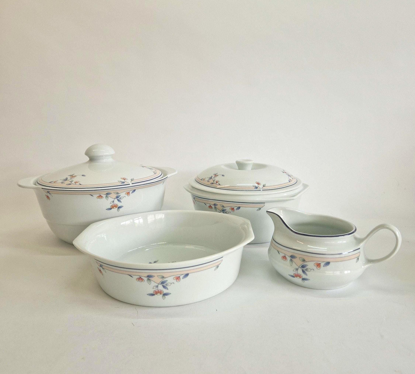 Vintage Princess House Porcelain Serving Set: Melody Tureens, Pie Dish, Gravy Boat