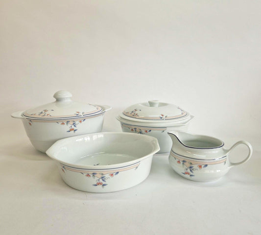 Vintage Princess House Porcelain Serving Set: Melody Tureens, Pie Dish, Gravy Boat