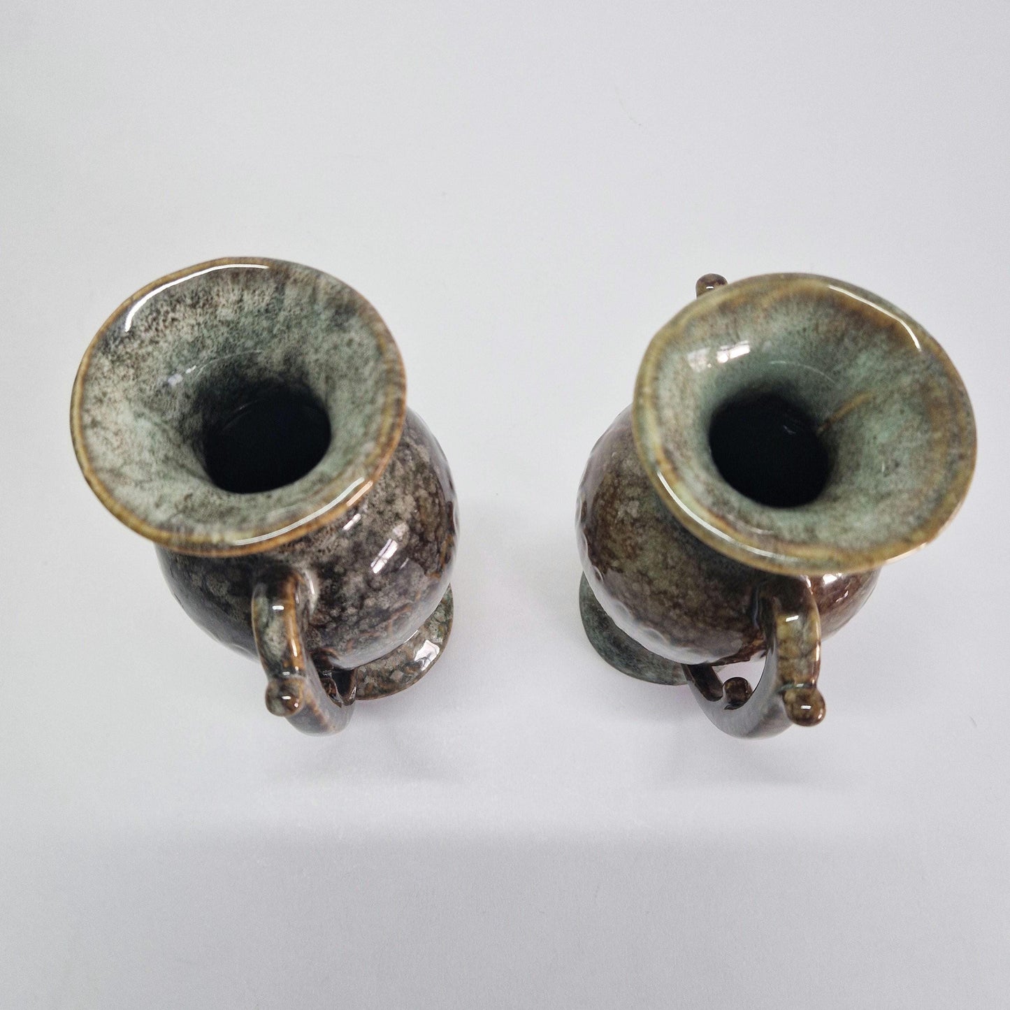 Vintage Grecian Urns: Brown & Grey Mottled Dripware Glaze, Mid Century Pair