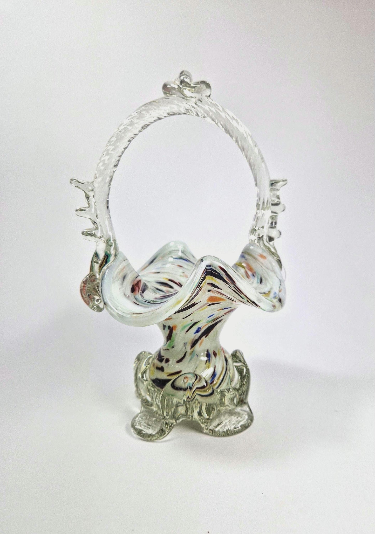 Vintage Victorian Style Romanian Glass Basket with Handle. Spattered Design , Posy Vase. c1960s