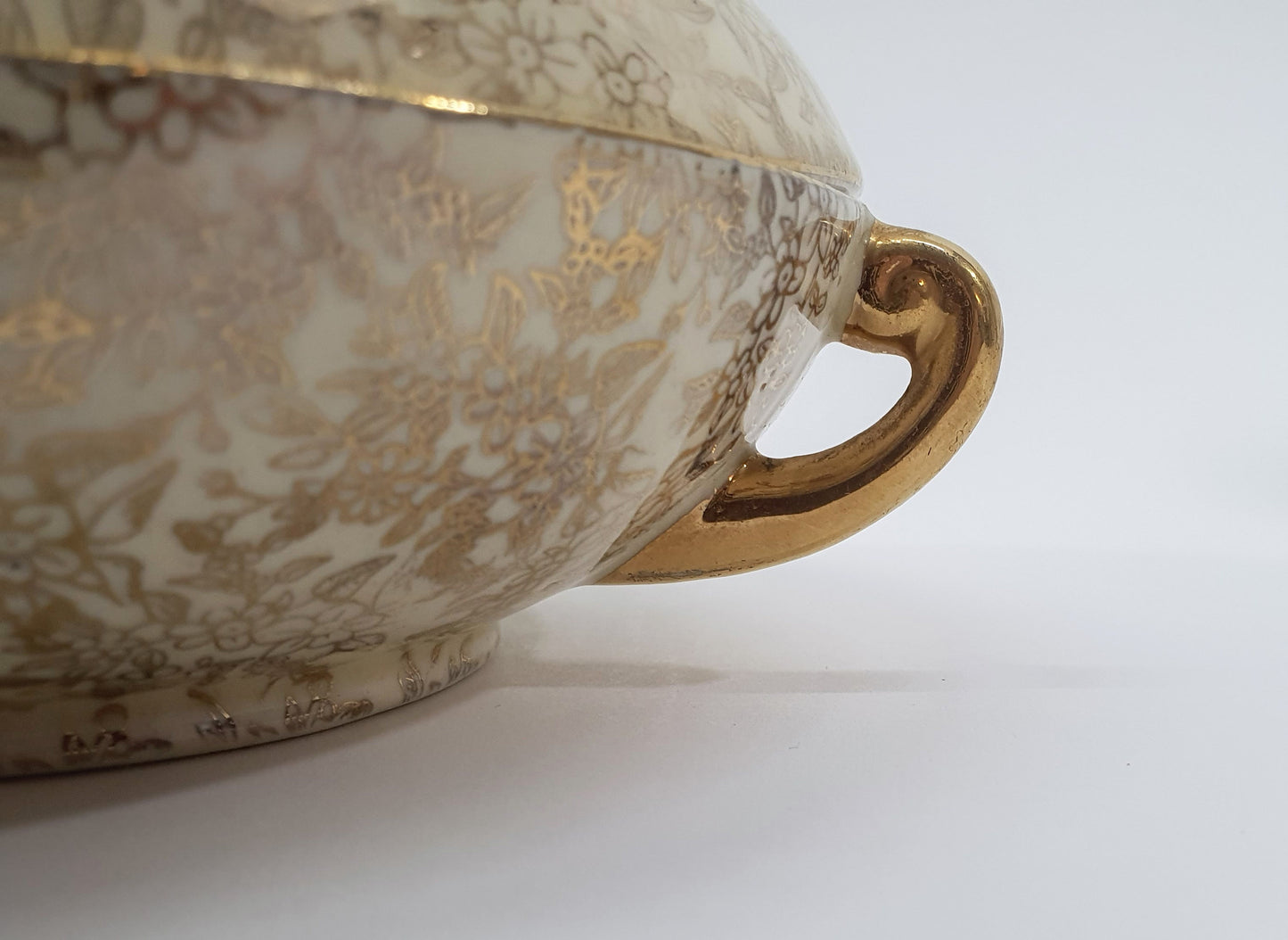 Vintage Empire Ware Chintz Bowl with Lid: Gold Floral Design, c1940-50s