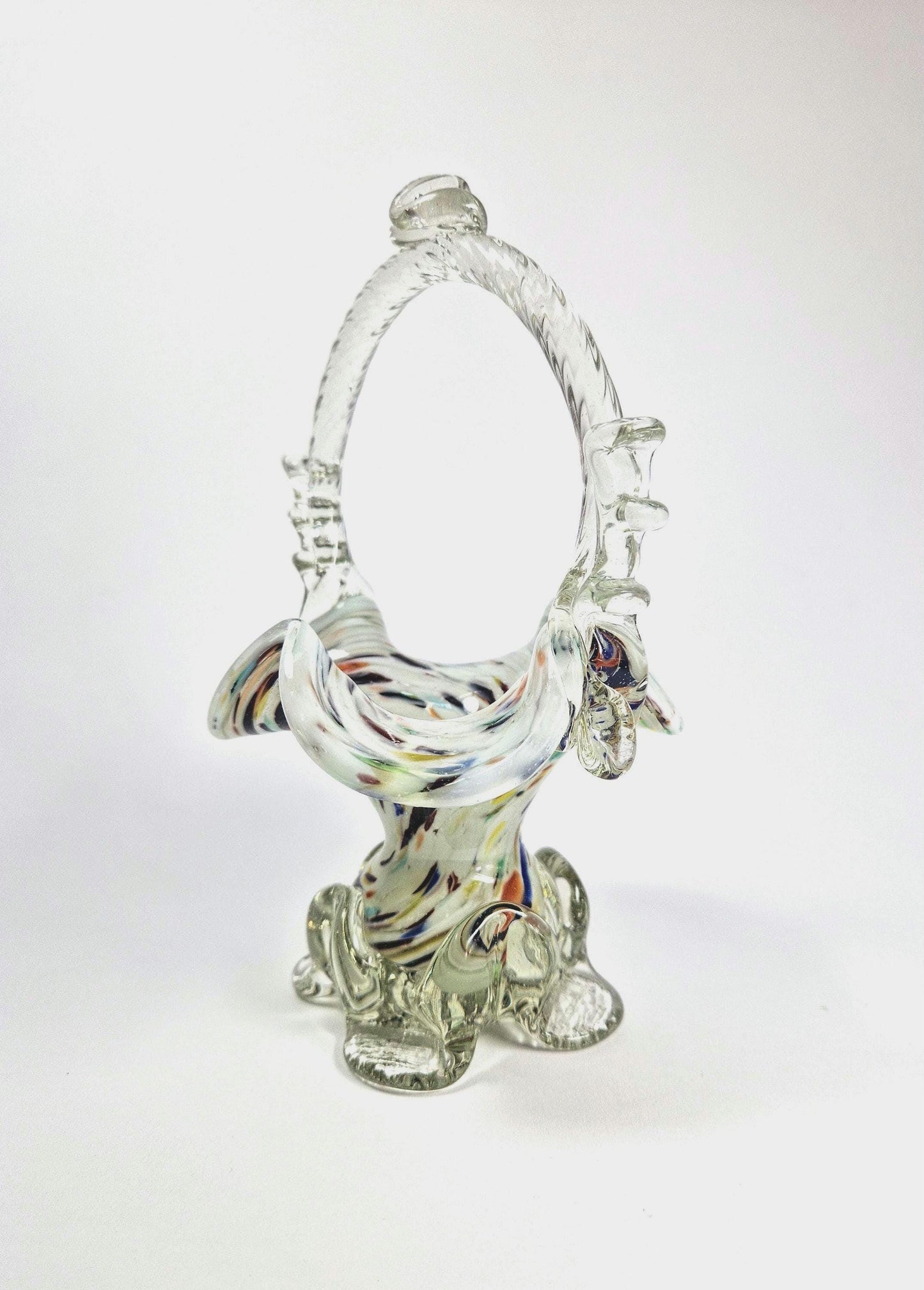 Vintage Victorian Style Romanian Glass Basket with Handle. Spattered Design , Posy Vase. c1960s