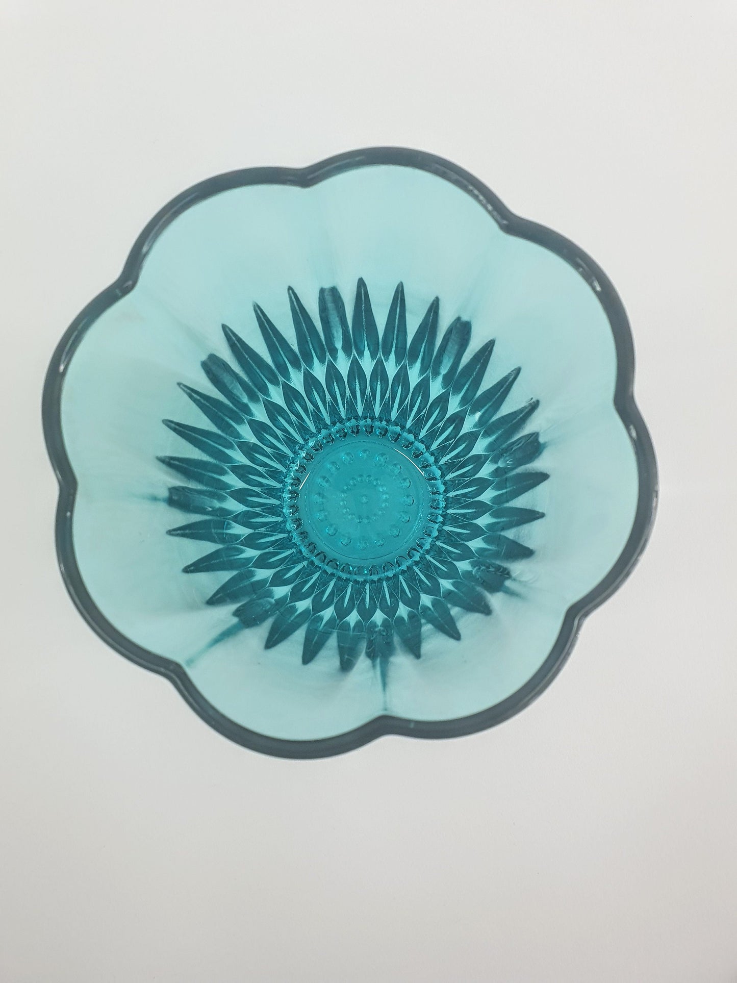 Vintage Turquoise Scalloped Topped Glass Vase.  c1970