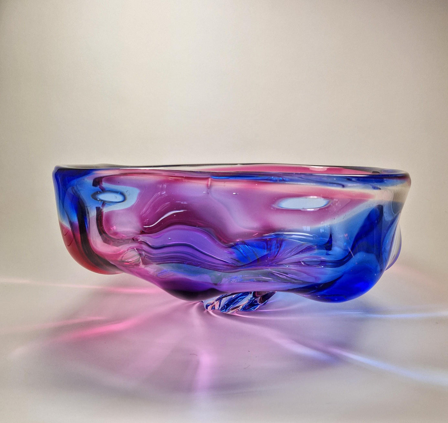 1960s  Magenta and Blue Murano Art Glass Fruit Bowl
