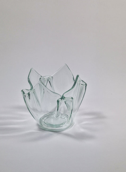Green Tinted Art Glass Posy Vase: Bud Pockets, Votive Candle Holder, c1970s
