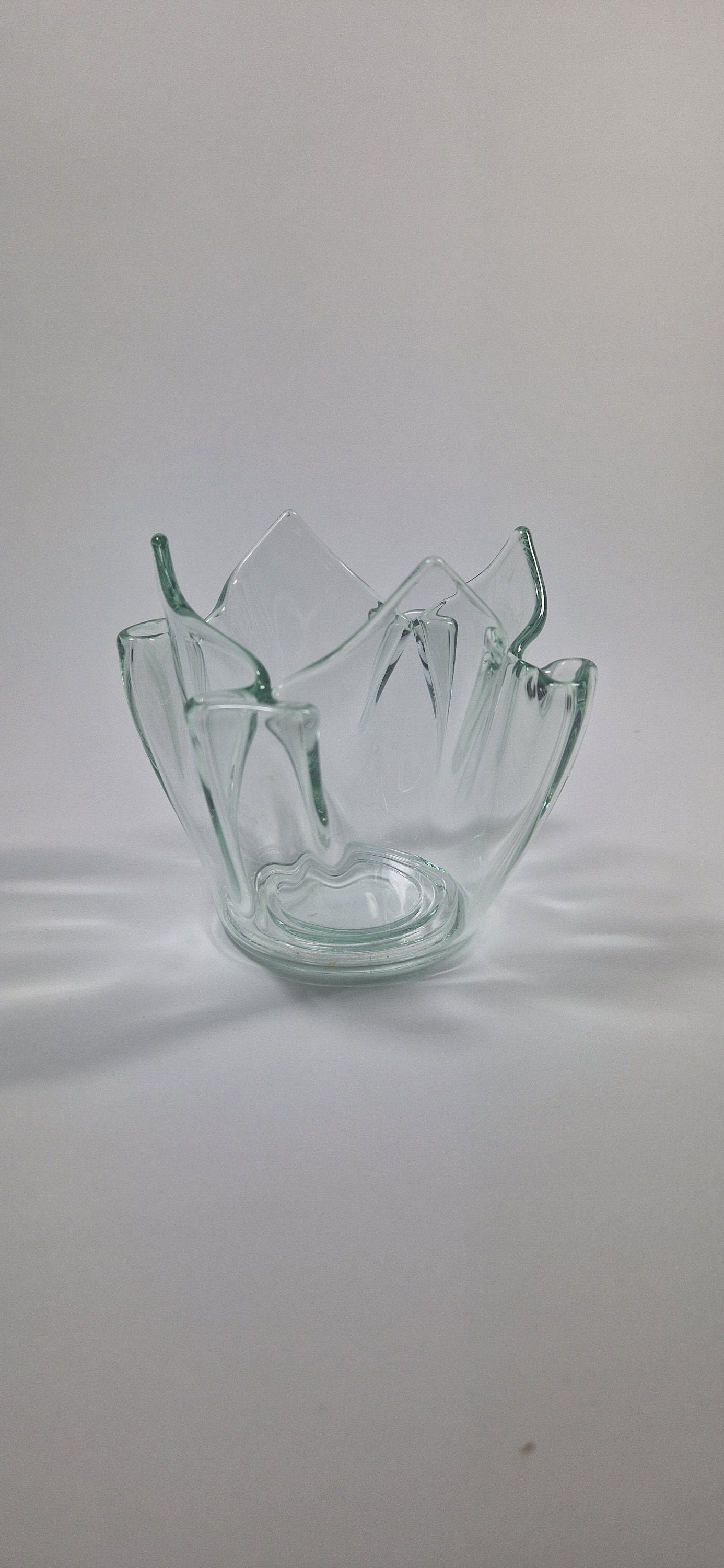 Green Tinted Art Glass Posy Vase: Bud Pockets, Votive Candle Holder, c1970s